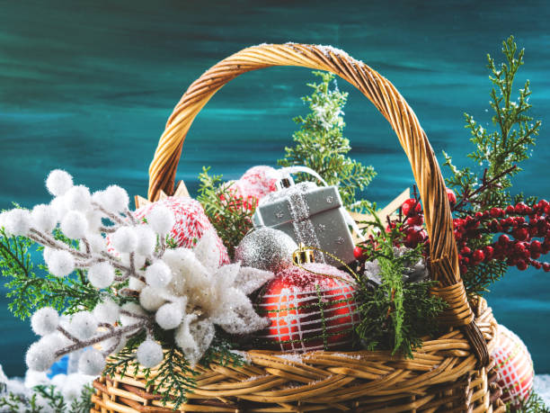 istock Christmas greeting card with basket and decoration 881734462