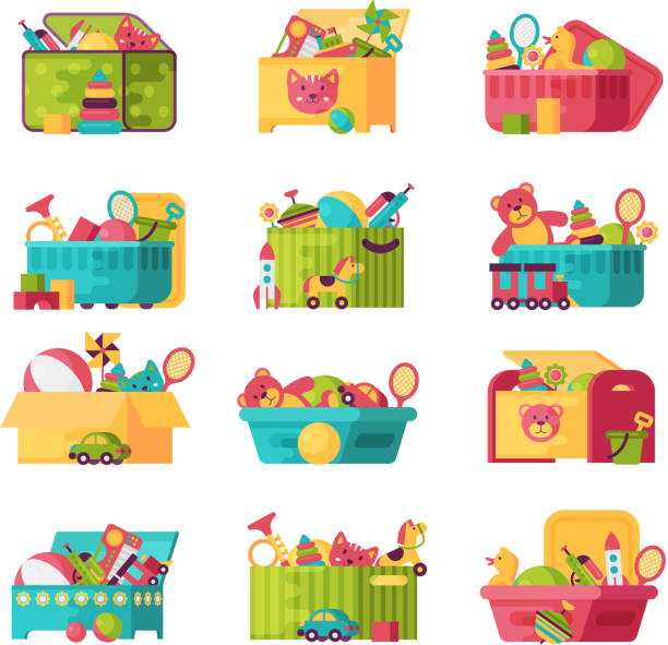 illustrations, cliparts, dessins animés et icônes de jouets d’enfant complète dans des boîtes pour les enfants jouent illustration vectorielle de l’enfance chambre de bébé conteneur - block toy wood box