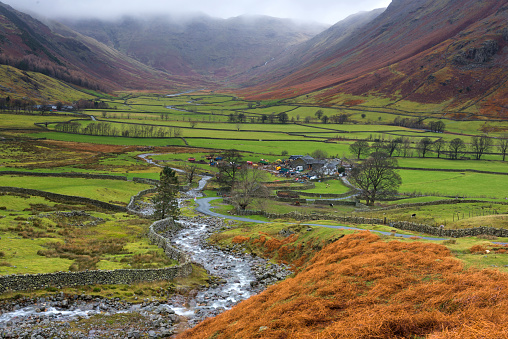 View of a wide green valley overflowed by a stream in the Lake District