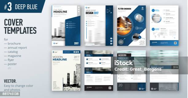 Set Of Business Cover Design Template In Dark Blue Color For Brochure Report Catalog Magazine Or Booklet Creative Vector Background Concept Stock Illustration - Download Image Now
