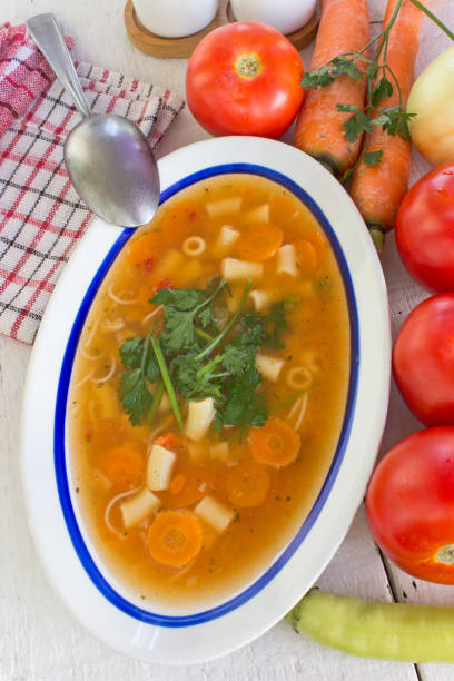istock Minestrone soup in plate on white wooden table 881745176