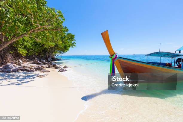 Longtail Boat Moored At Aonang Beach Against Sky Stock Photo - Download Image Now - Andaman Sea, Ao Nang, Asia