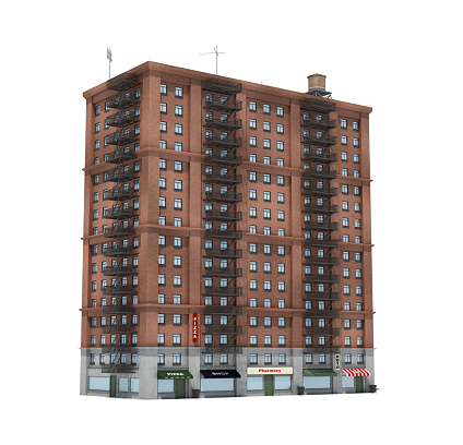 3d rendering of a red brick apartment building with fire escapes and shops on the ground floor. Living places. Urban residence. Condominium.