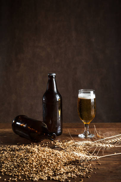стакан пива на столе, с пшеничным солодом, ячменем и бутылками - mug beer barley wheat стоковые фото и изображения