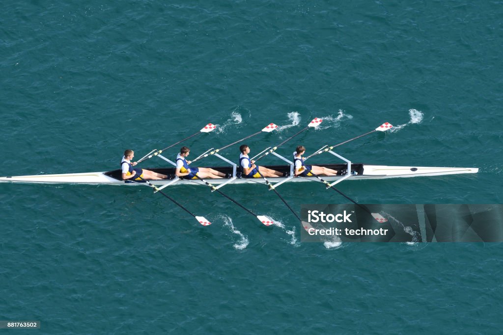 Male Quadruple Scull Rowing Team At the Race, Lake Bled, Slovenia Upper view of quadruple scull rowing team during the race, Lake Bled, Slovenia Sport Rowing Stock Photo