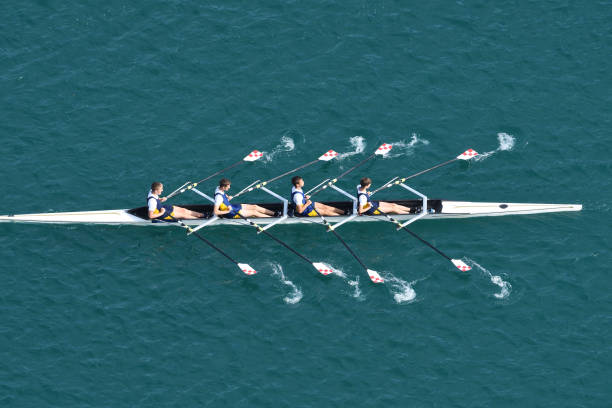 Male Quadruple Scull Rowing Team At the Race, Lake Bled, Slovenia Upper view of quadruple scull rowing team during the race, Lake Bled, Slovenia rowing boat stock pictures, royalty-free photos & images