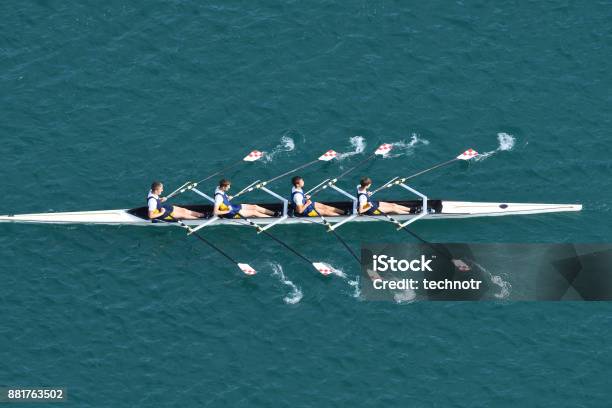 Male Quadruple Scull Rowing Team At The Race Lake Bled Slovenia Stock Photo - Download Image Now