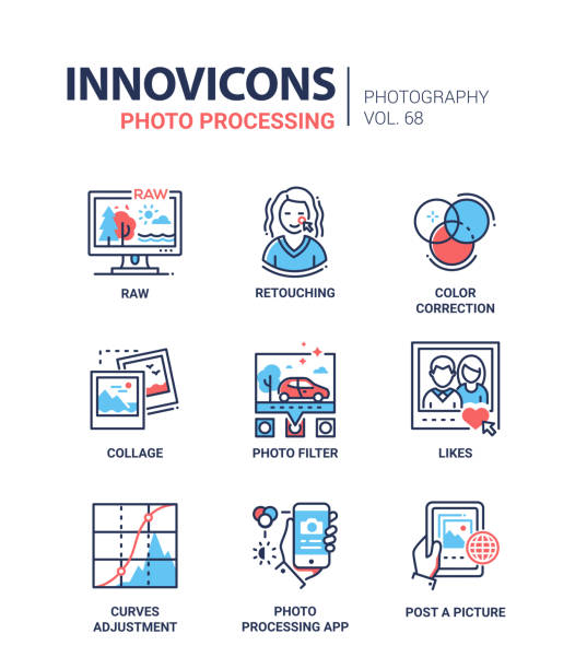 Photo processing - line design icons set Photo processing - line design icons set with description. Detailed steps of a photographer. Raw, retouching, color correction, collage, filter, likes, curves adjustment, app, post a picture retouched stock illustrations