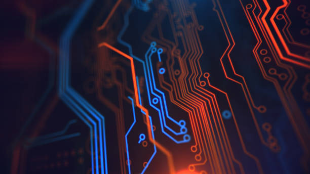 istock Orange, yellow, blue, background with digital integrated network technology. 881769782