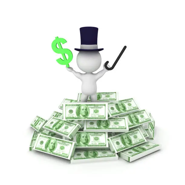 Photo of 3D illustration of a banker with top hat standing on top of cash pile with dollar sign in hand