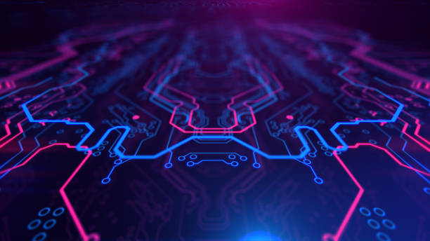 istock Purple, violet, blue neon background with digital integrated network technology. 881770382