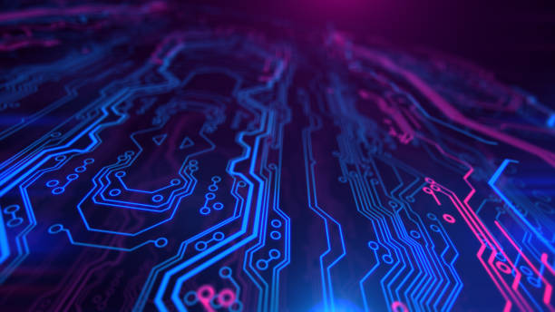 istock Purple, violet, blue neon background with digital integrated network technology. 881770410