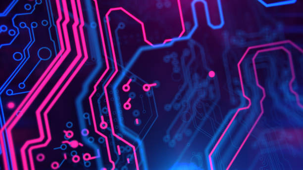 istock Purple, violet, blue neon background with digital integrated network technology. 881770450