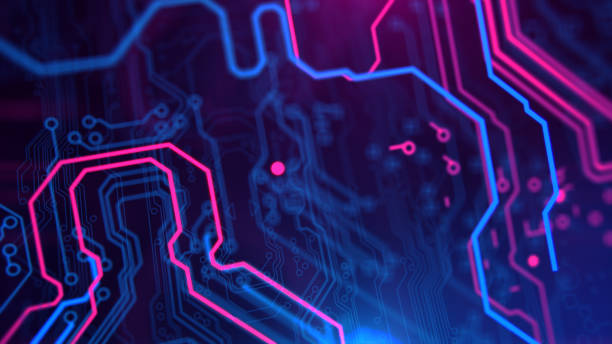 istock Purple, violet, blue neon background with digital integrated network technology. 881770458
