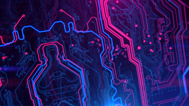istock Purple, violet, blue neon background with digital integrated network technology. 881770488