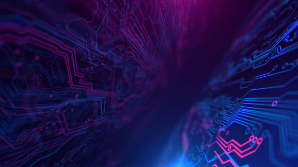 istock Purple, violet, blue neon background with digital integrated network technology. 881770490