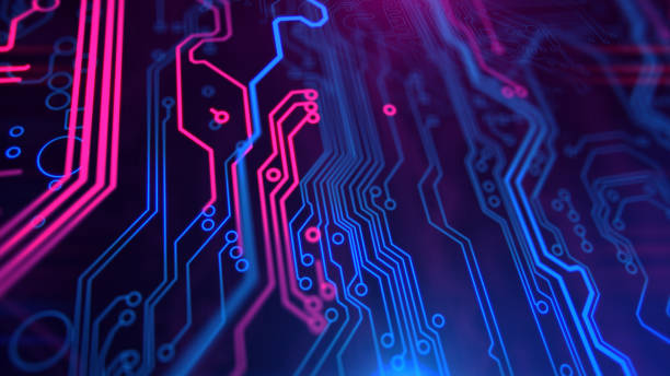 istock Purple, violet, blue neon background with digital integrated network technology. 881770492