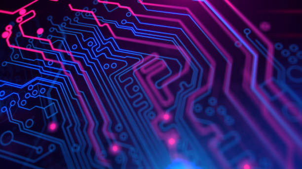istock Purple, violet, blue neon background with digital integrated network technology. 881770498
