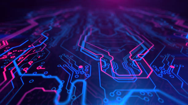 istock Purple, violet, blue neon background with digital integrated network technology. 881770546