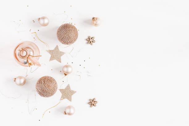 istock Christmas balls, golden decorations. Flat lay, top view 881787012