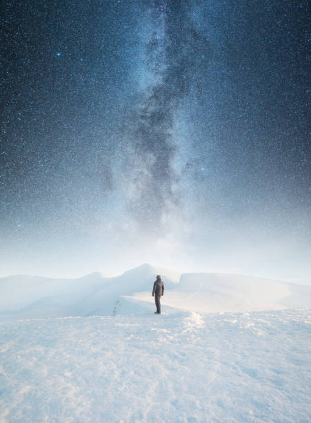 istock Tourist on the night sky background. Active life concept and idea 881787264