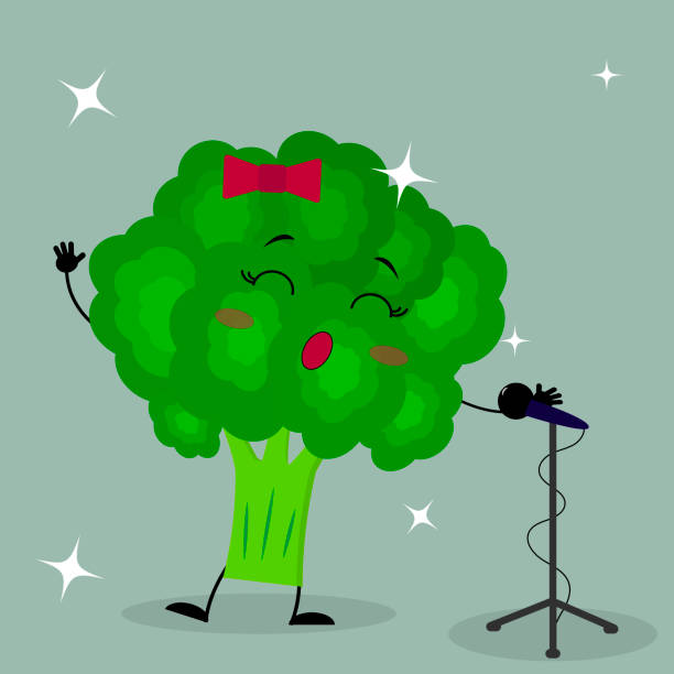 ilustraciones, imágenes clip art, dibujos animados e iconos de stock de smiley de brócoli lindo estilo de dibujos animados canta en el micrófono - green background color image people animal