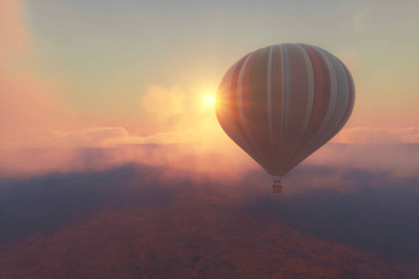 Hot air balloon high up against sunset.