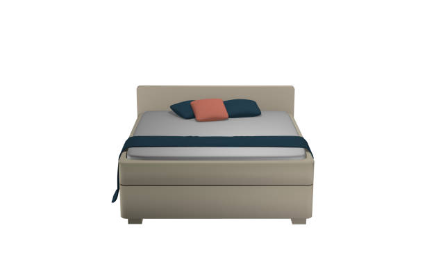 istock Simple double bed in beige with pillow and blanket. 881838360
