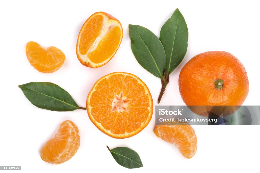 orange or tangerine with leaves isolated on white background. Flat lay, top view. Fruit composition orange or tangerine with leaves isolated on white background. Flat lay, top view. Fruit composition. Cityscape Stock Photo