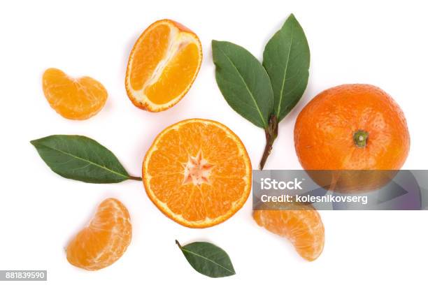 Orange Or Tangerine With Leaves Isolated On White Background Flat Lay Top View Fruit Composition Stock Photo - Download Image Now