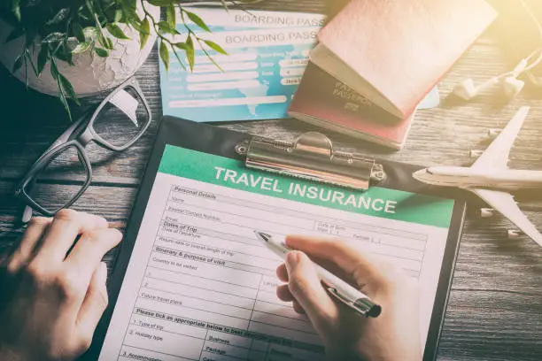 travel agent ticket safe plan trip holiday model insurance money concept air form business security paper transportation concept - stock image