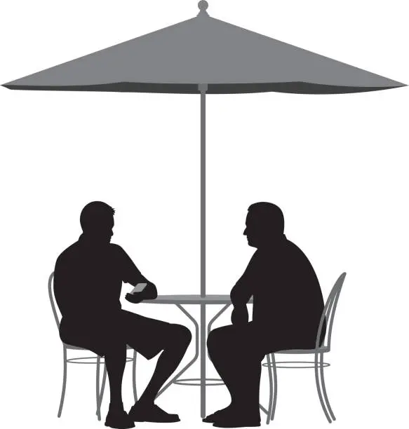 Vector illustration of Men Sitting at Table Under Umbrella Silhouette