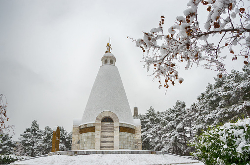 landscape, snow-covered hill with a chapel, the chapel of St. George on Sapun Hill, snowfall