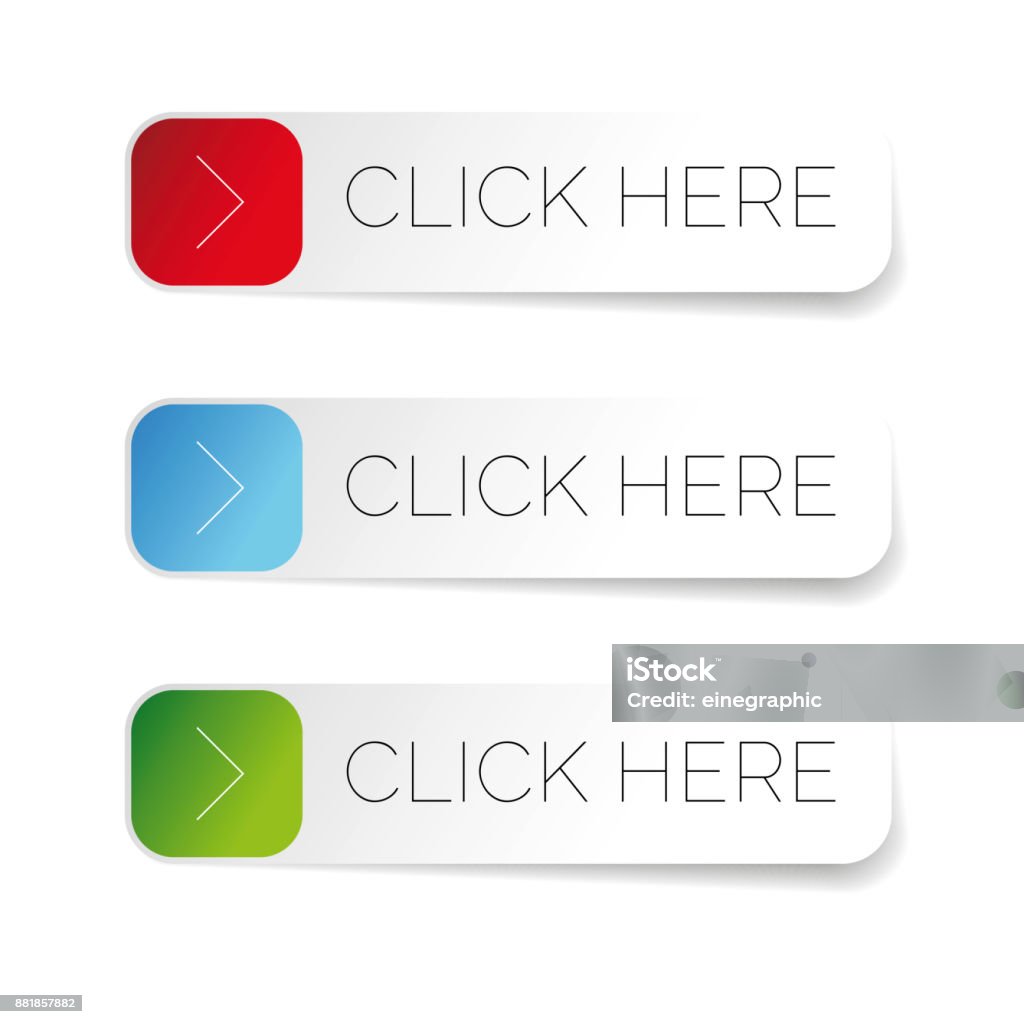 Click here label with arrow Click here label with arrow set vector Push Button stock vector