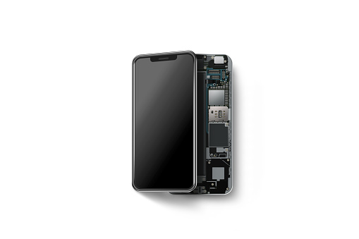 New modern smart phone with opened shell isolated, chip, motherboard, processor, cpu and details, 3d rendering. Smartphone inside. Cellphone chipset constitution. Telephone scecification disassembled