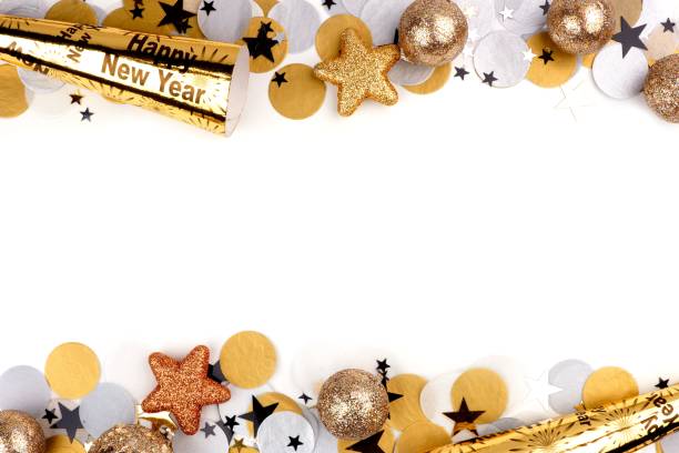 New Years Eve double border of confetti and decor isolated on white New Years Eve double border of confetti and party decor isolated on a white background party blower stock pictures, royalty-free photos & images