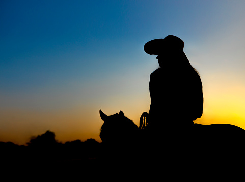 A cowgirl on her horse silhouetted against the setting sun
