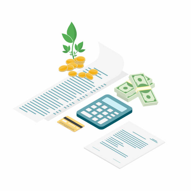 Tax payment. Bills with calculator, credit card, cash and coins. Payment of utility, family budget. Isometric design Tax payment. Bills with calculator, credit card, cash and coins. Payment of utility, family budget. Isometric flat design. Vector invoice pad stock illustrations