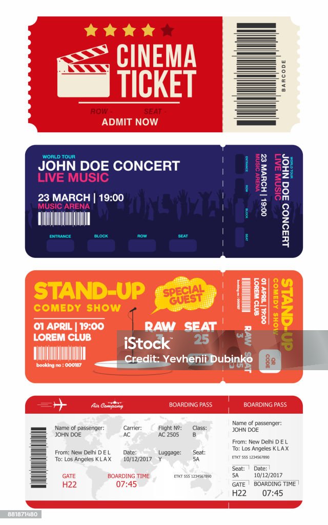 Concert and stand up comedy show tickets. Cinema ticket and airplane boarding pass. Big set of tickets templates Concert and stand up comedy show tickets. Cinema ticket and airplane boarding pass. Big set of tickets templates. Vector Accessibility stock vector
