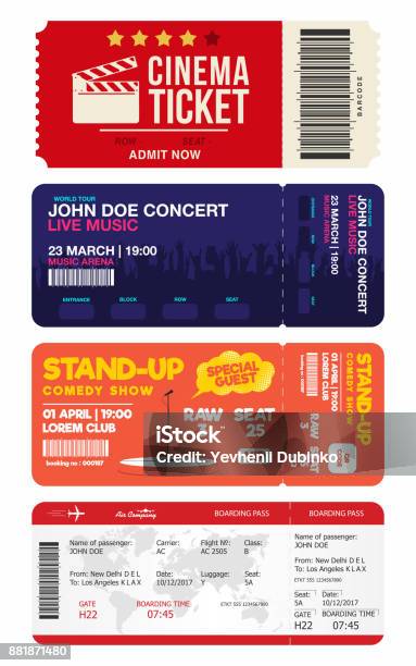 Concert And Stand Up Comedy Show Tickets Cinema Ticket And Airplane Boarding Pass Big Set Of Tickets Templates Stock Illustration - Download Image Now