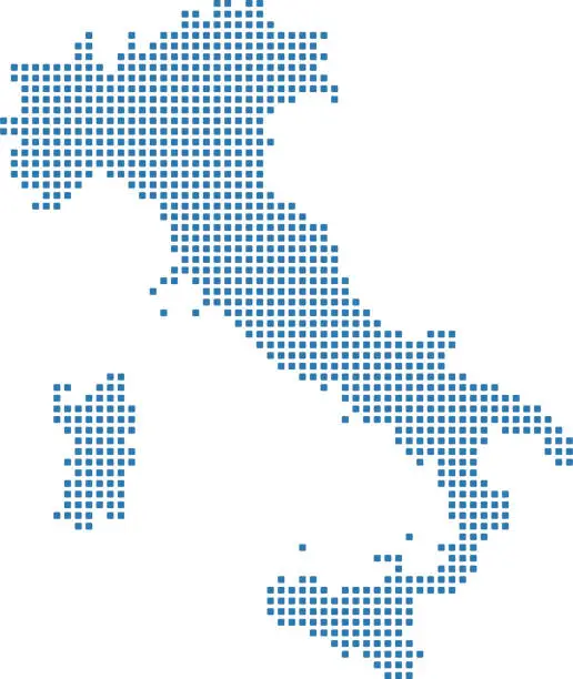 Vector illustration of Italy dotted map. Italy map dots. Highly detailed pixelated Italy map vector outline illustration in blue background