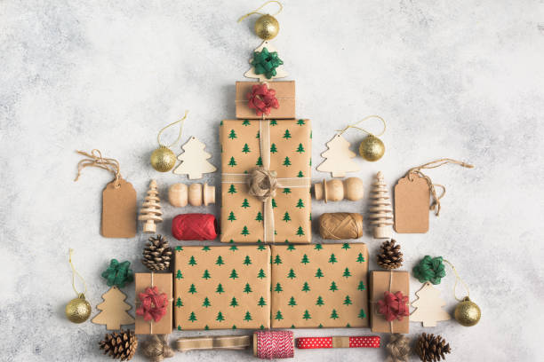 istock Top view of brown boxed Christmas presents 881876458