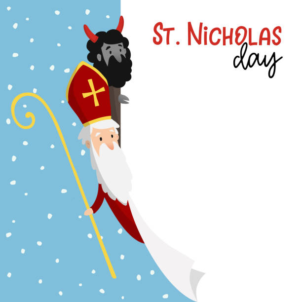 Saint Nicholas with devil and falling snow. Cute Christmas invitation card, web banner with blank list of paper. Vector illustration background Saint Nicholas with devil and falling snow. Cute Christmas invitation card, web banner with blank list of paper, vector illustration background. sinterklaas nederland stock illustrations
