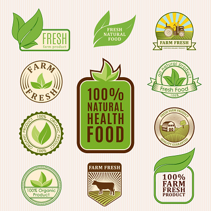 Organic vegan vector icon labels healthy food eco restaurant icon badges nature diet product illustration. Tags and elements for meal and drink cafe products packaging.