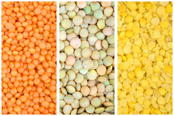 Collage of red, green and yellow lentils.
