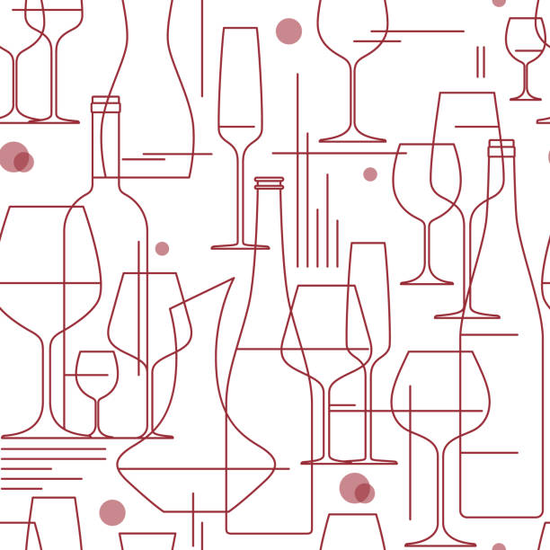 şarap, gözlük ve şişe ile sorunsuz arka plan. öğe tatma, menü, şarap listesi, şaraphane, dükkanı için tasarım. çizgi stili. vektör çizim. - wine stock illustrations