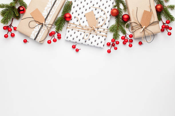 istock Border made of christmas decoration on white background. 881897800
