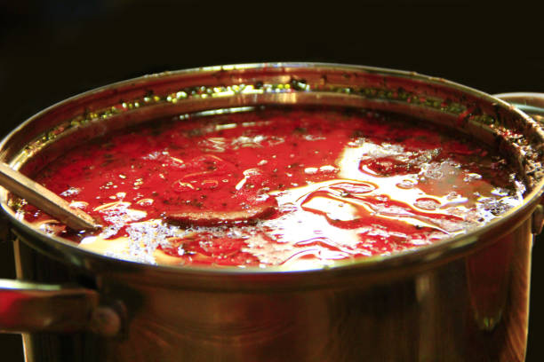 istock borsch Ukrainian red in a pan with a scoop 881897848
