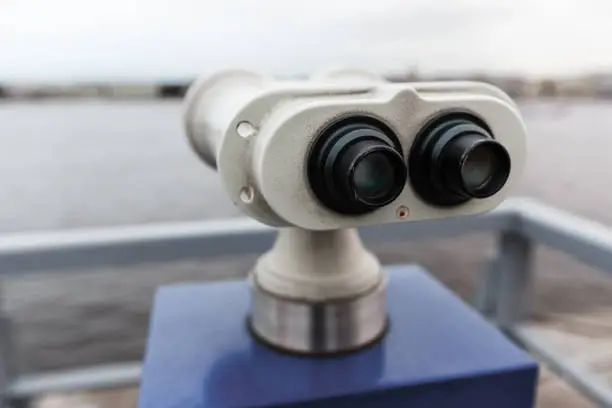 tourist binoculars at Peter-Pavel Fortress. with a view of St. Petersburg