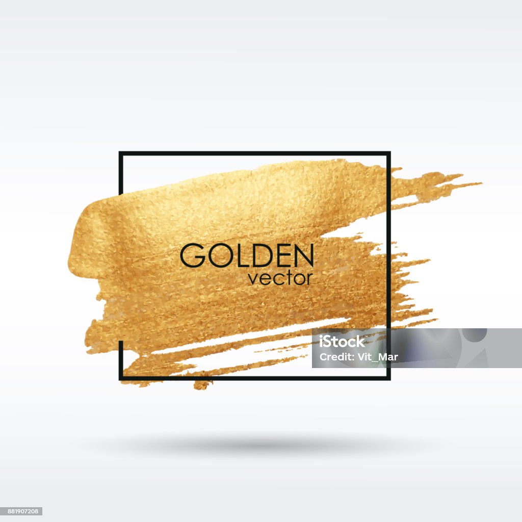 Gold grunge texture. Brushstroke. Smear with an artistic brush. Vector. Gold grunge texture in a frame. Brushstroke. Smear with an artistic brush. A brilliant festive pattern. Light background. Vector abstract image. A high resolution. Gold - Metal stock vector